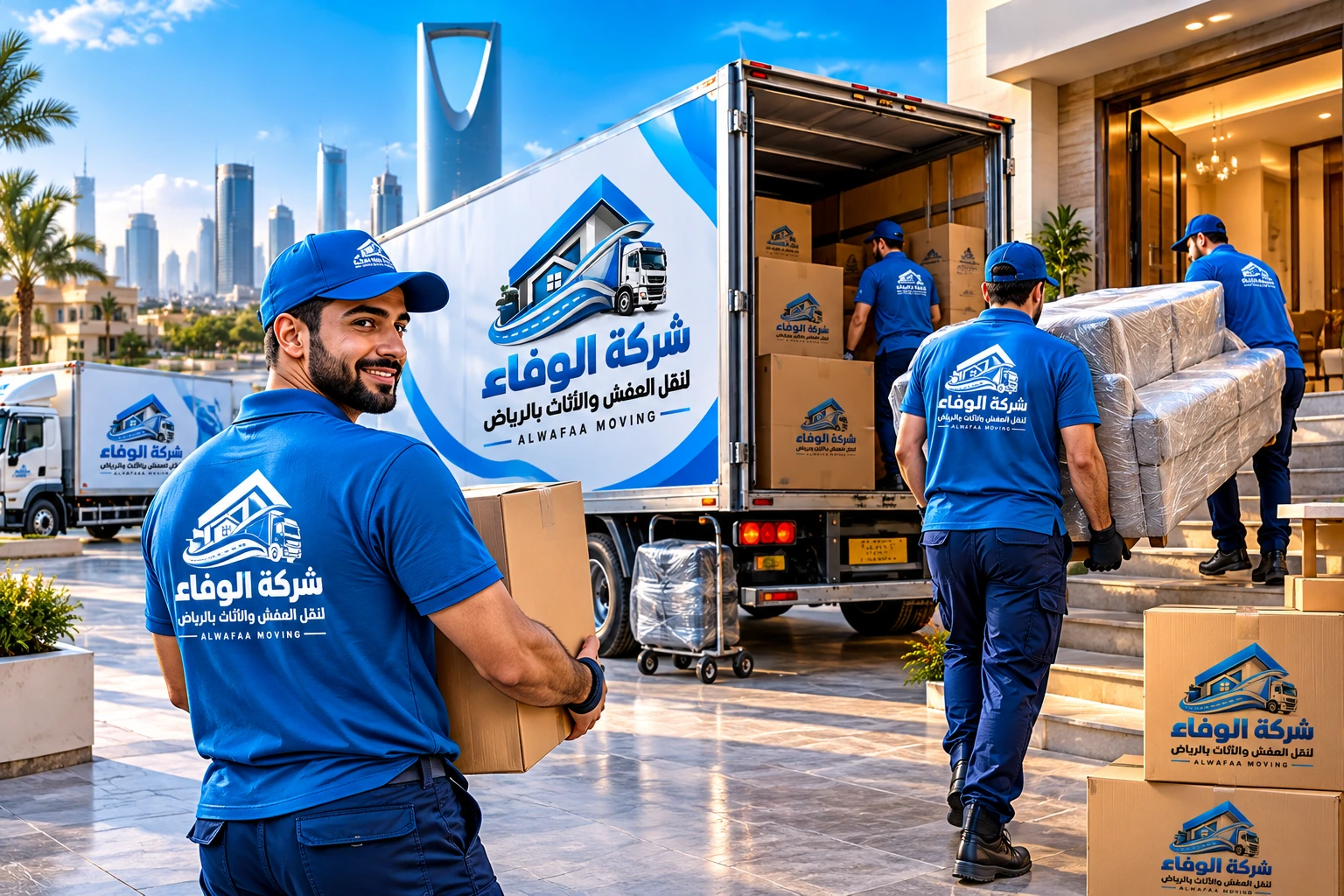 تصميم توضيحي لعمال وسيارة نقل أثاث لشركة الوفاء بالرياض